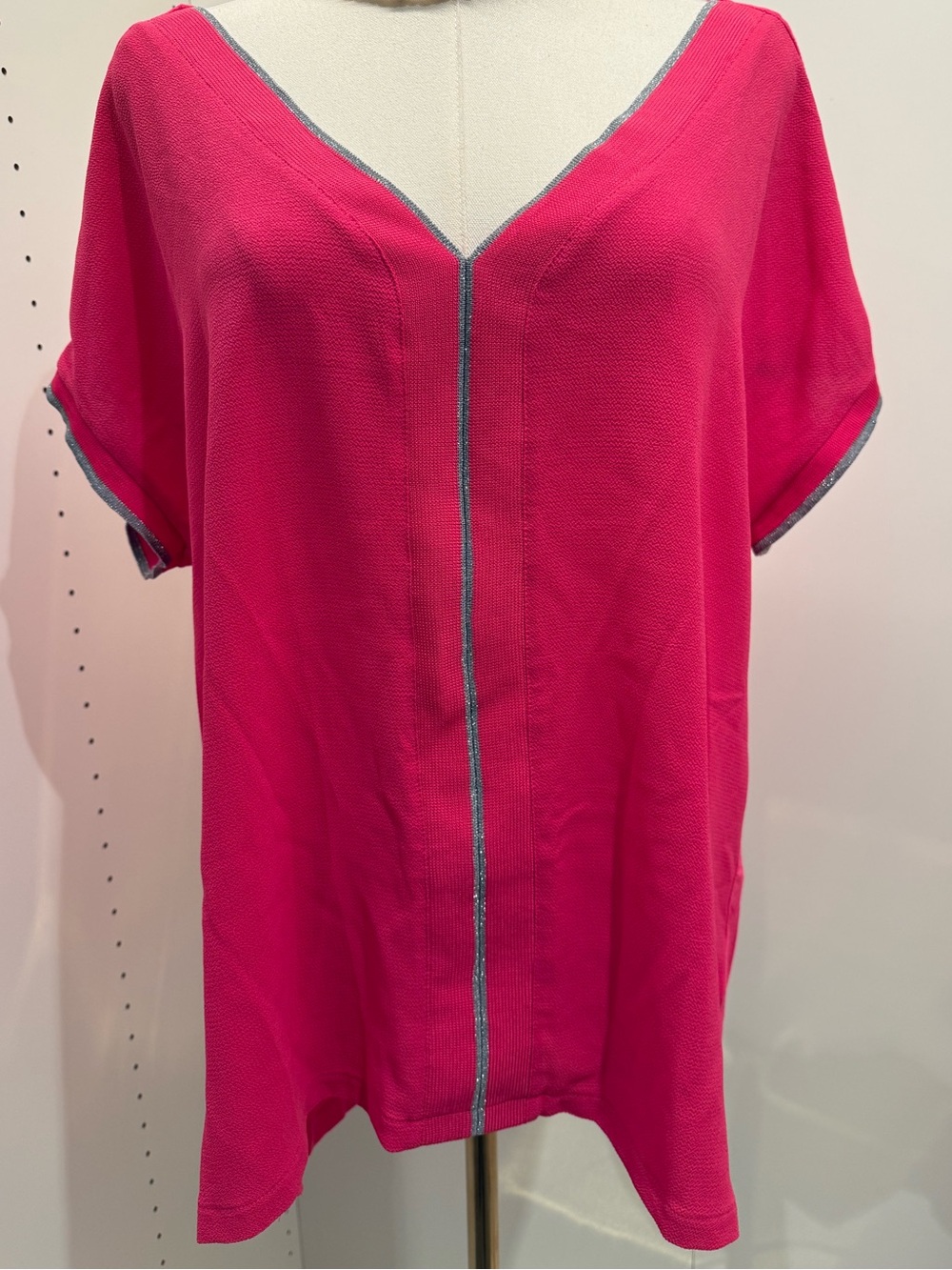 Tribal Hot Pink V-Neck Short Sleeve Tunic with Silver Trim